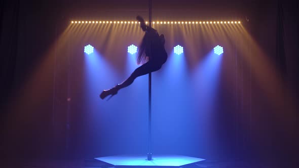 Athletic Sexy Young Girl with Long Hair Spins on a Pole Upside Down and Does an Acrobatic Trick