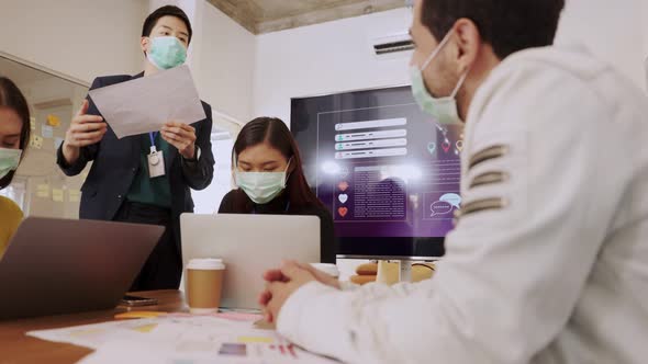 young asian woman and caucasian man Business people Working discuss finding new strategy solution