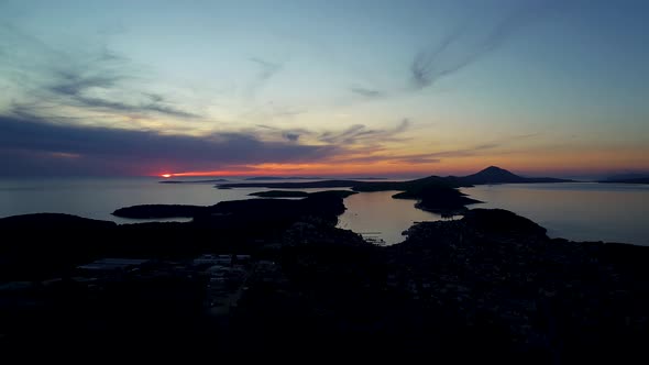 Aerial view of Losinj island during scenic sunset, Croatia.