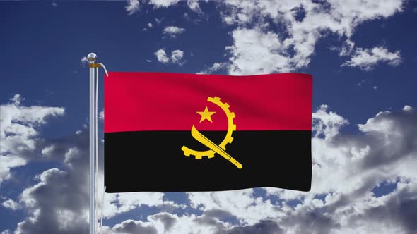 Flag Of Angola Waving With Blue Sky