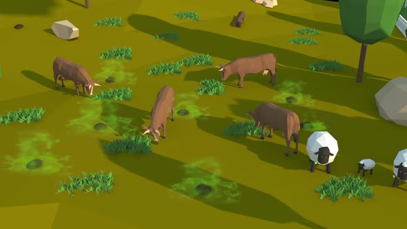 Cows And Manure In The Pasture 3D Low Poly Animation
