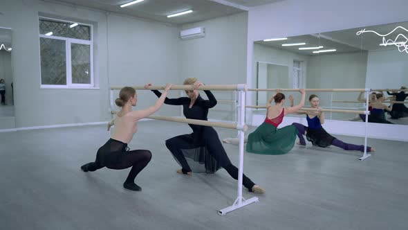Four Caucasian Slim Graceful Women Doing Tendu Plie Ballet Movement at Barre Rehearsing in Dance
