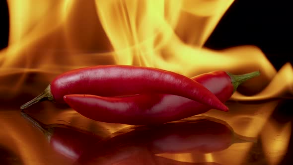 Hot Red Chili Peppers in Flames Burn