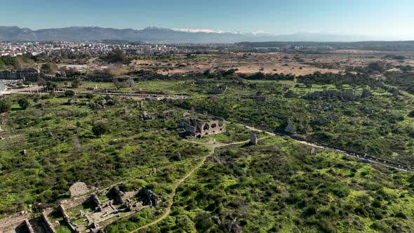 Ruins of an ancient city aerial view 4 K Turkey Side
