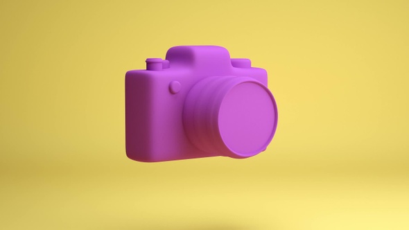 Photo camera on yellow background rotate 360 animation.