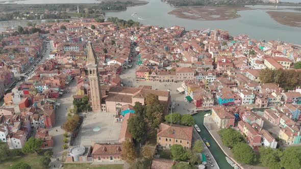 Aerial view of panorama of painted house facades of Burano island a province of Venice in Italy in a