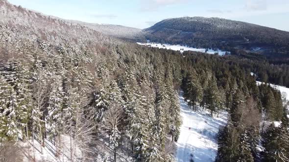 Bird's eye view of a forest landscape in the snow (in Switzerland)