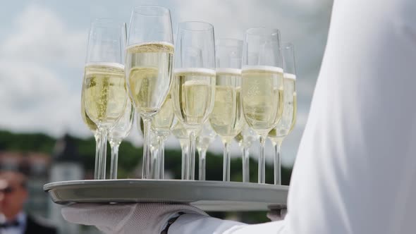 the Waiter Hold Champagne in Glasses on the Tray in Event  Wedding Catering