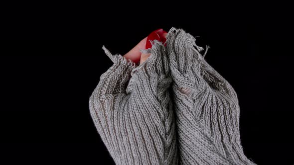 Woman in Sweater with Red Rose on Black Background