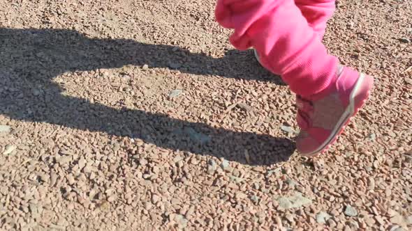 Toddlers Legs in Pink Sneakers Walking on Pebbles