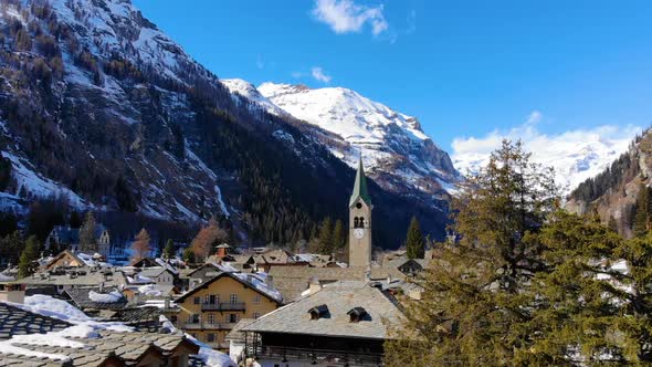 Drone shot of Aosta Valley, Italy. Chapel in Gressoney-Saint-Jean.