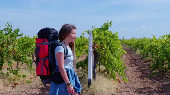 Girl with Dreadlocks Goes Past Vineyards