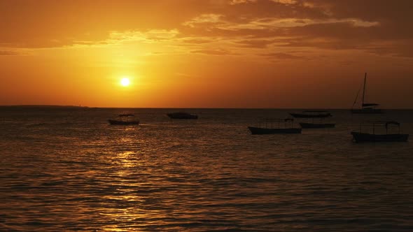 Silhouette of Fishing Boats Anchored at Sunset in the Indian Ocean Zanzibar