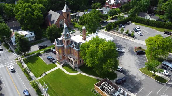 Delaware, Ohio, old county jail near downtown, aerial drone