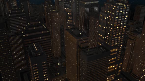 Aerial helicopter shot of an empty city at night 3d