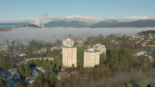 Aerial view of sun shining over pine tree forest covered by fog in Burnaby, British Columbia, Canada