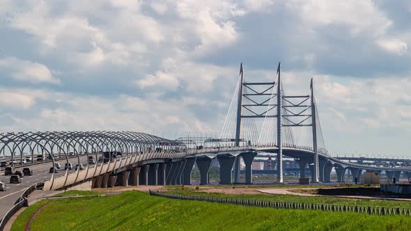 Car Traffic on the Modern Bridge at Rush Hour Timelapse