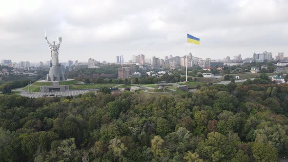 Aerial View of the Flag of Ukraine in Kyiv. Slow Motion. Kiev