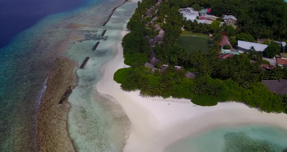 Luxury birds eye copy space shot of a sunshine white sandy paradise beach and aqua blue water 