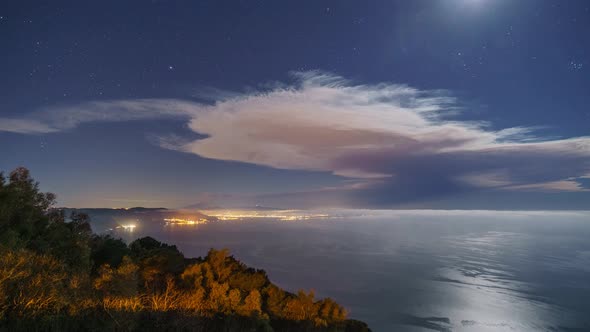 Etna volcano after eruption with smoke and big cloud in front of the mediterranean sea moving over n