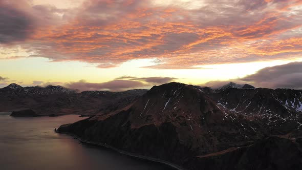 Aerial view of Dutch Harbour at sunset, Unalaska, Alaska, United States.