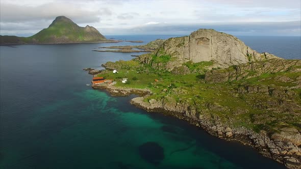 Scenic tiny island on Lofoten islands in Norway, aerial view