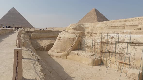 Scaffolding on The Great Sphinx Sculpure Restoration works, Giza Pyramid Complex, Egypt