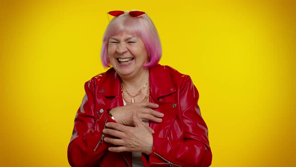 Happy Joyful Senior Old Granny Woman Laughing Out Loud After Hearing Ridiculous Anecdote Funny Joke