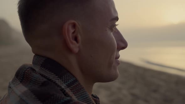 Smiling Man Looking Sea Landscape at Sunrise