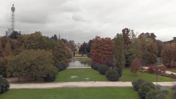 Drone flying through Sempione Park, Parco Sempione in Milan