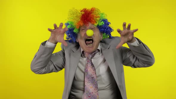 Senior Clown Businessman Entrepreneur Boss Making Silly Faces. Yellow Background