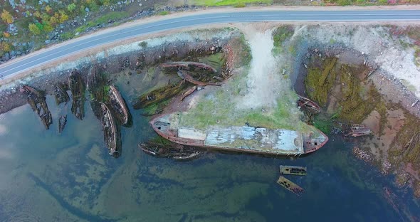 Teriberka. Graveyard of old ships. Russia. Aerial