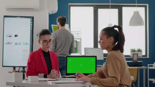 Workmates Sitting at Desk and Using Green Screen on Laptop