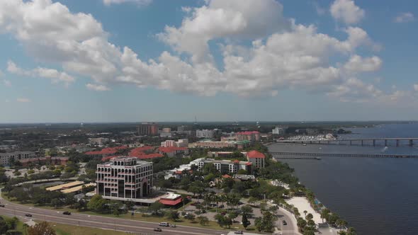 Aerial of sunny downtown Bradenton, Florida and the Manatee River, the gateway to the Gulf of Mexico