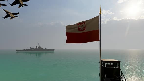 Waving Polish Flag Warship and Passing Warplanes