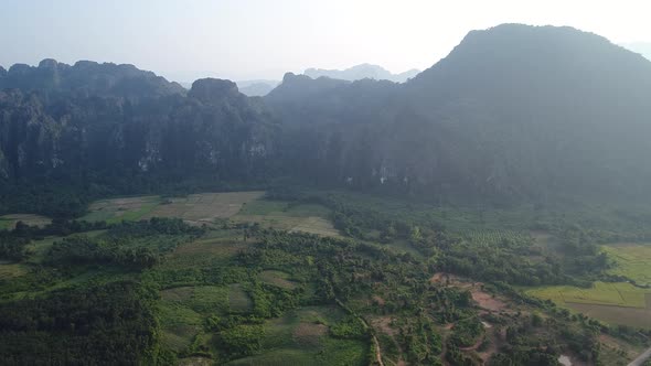 Nature landscape near town of Vang Vieng in Laos seen from the sky