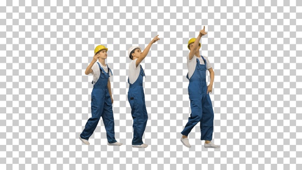 Three young construction workers doing, Alpha Channel