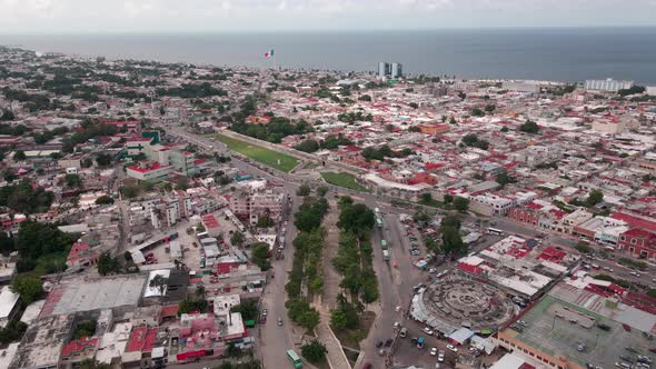 Fly over Campeche city downtown