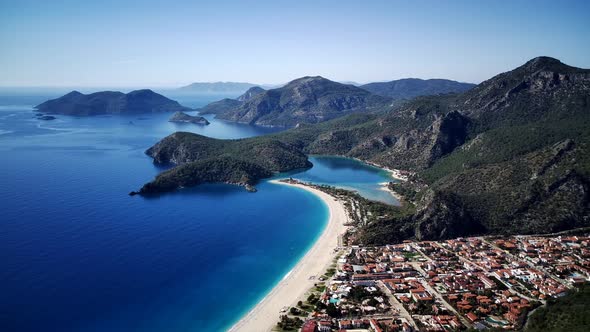 Amazing beautiful panoramic view from drone of Oludeniz Blue lagoon beach in Fethiye in Mugla