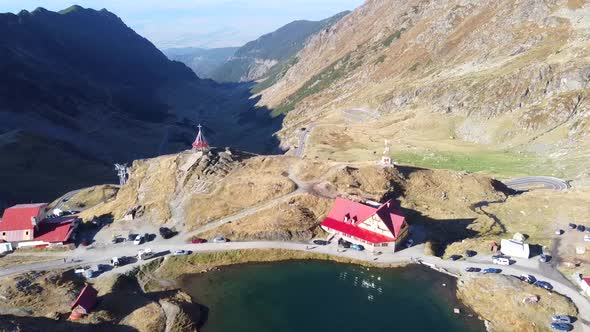 Balea Lake On Transfagarasan Road In Romania, Drone Shot