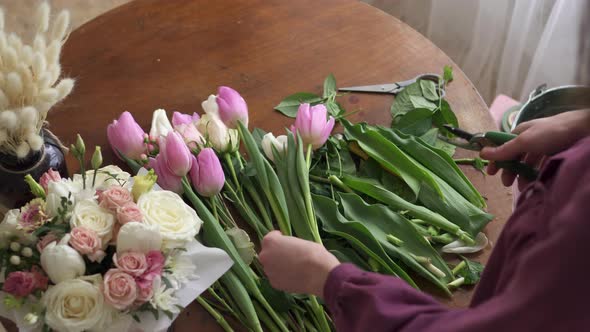 Female Florist's Hands Pruned with Tulle Stalks