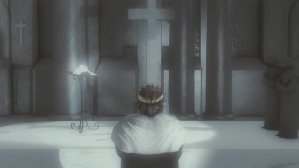 Medieval King On His Knees Praying In Front Of A Cross Inside A Church Or A Monastery