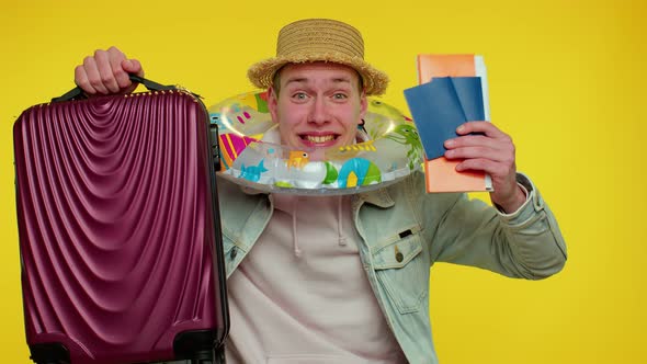 Summer Vacation Traveler Tourist Teen Student Man Celebrating Holding Passport Tickets Luggage