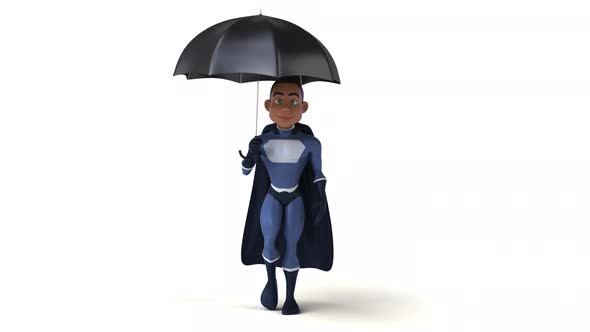 Fun 3D cartoon superhero walking with an umbrella