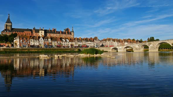 Gien, Loiret, France. The castle and the church overlooking the Loire river.