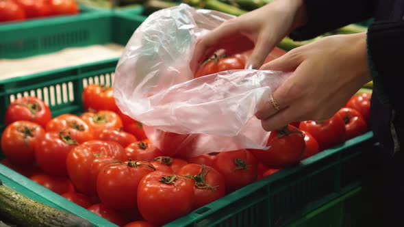 White female hands take some red tomatoes from green plastic box at market