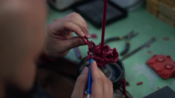 Closeup Solding Jewellery Decoration in Workshop Indoors