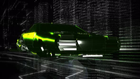 The digital car from the future is riding in the virtual space filled with data alt