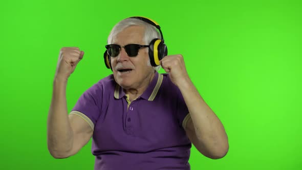 Elderly Senior Caucasian Grandfather Man Tourist Dance, Listen Music. Chroma Key