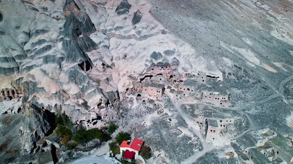 Cappadocia Aerial Drone View to Cave Town Zelve Valley